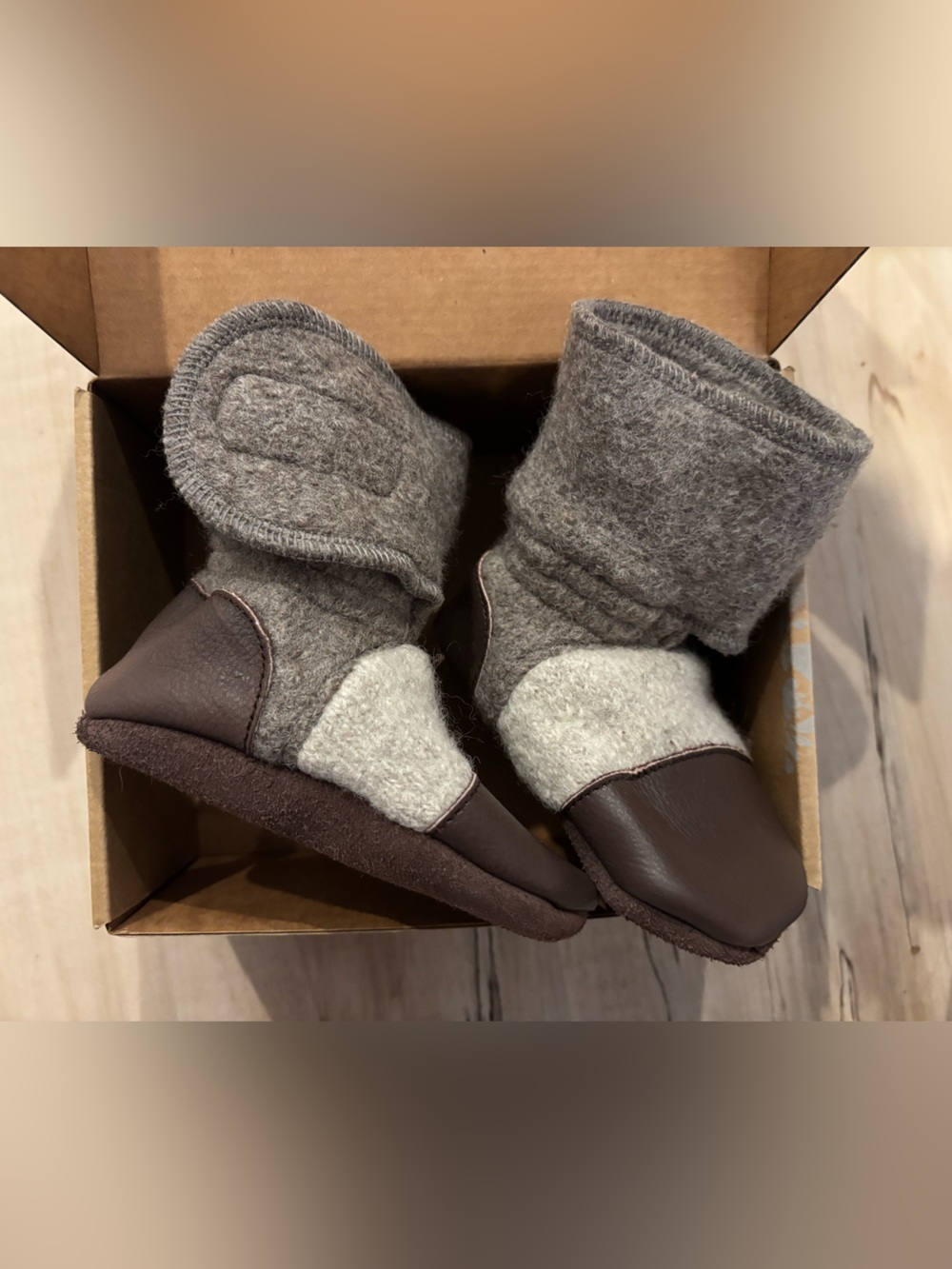 Nooks Wool Baby Booties with Brown Leather Accents - New in Box